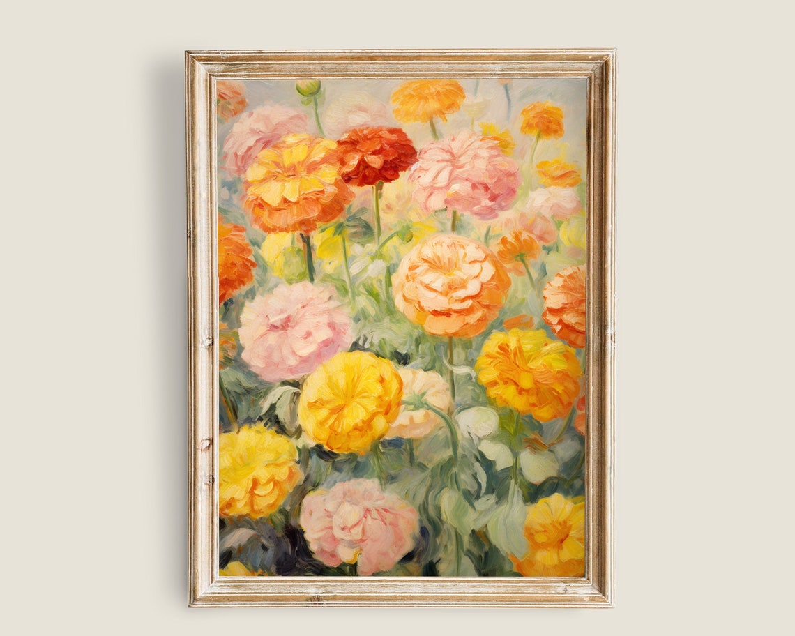 Marigold Flower Field Impressionist Vintage Floral Garden Wall Art