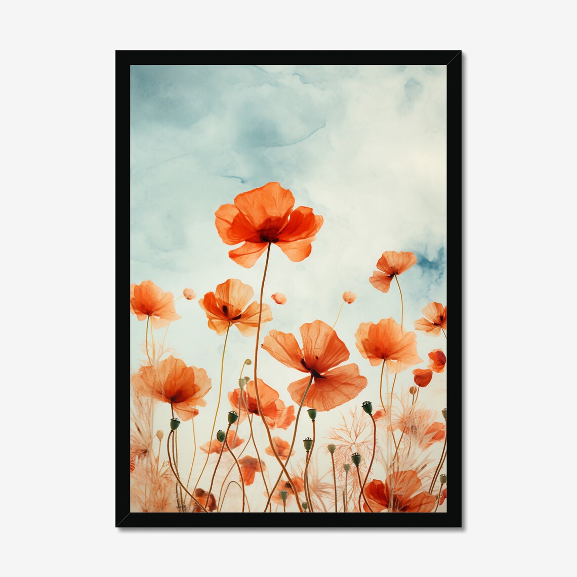 Orange Poppies Reaching Toward Soft Blue Sky Watercolor Art Poster