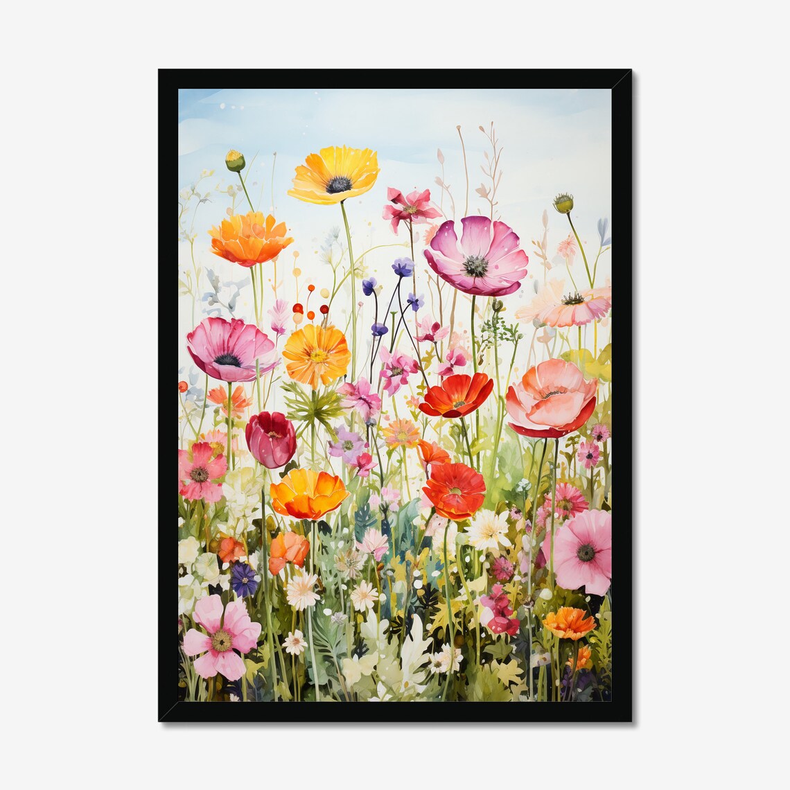 Bright Poppy and Cosmos Wildflowers Light Airy Watercolor Art Poster