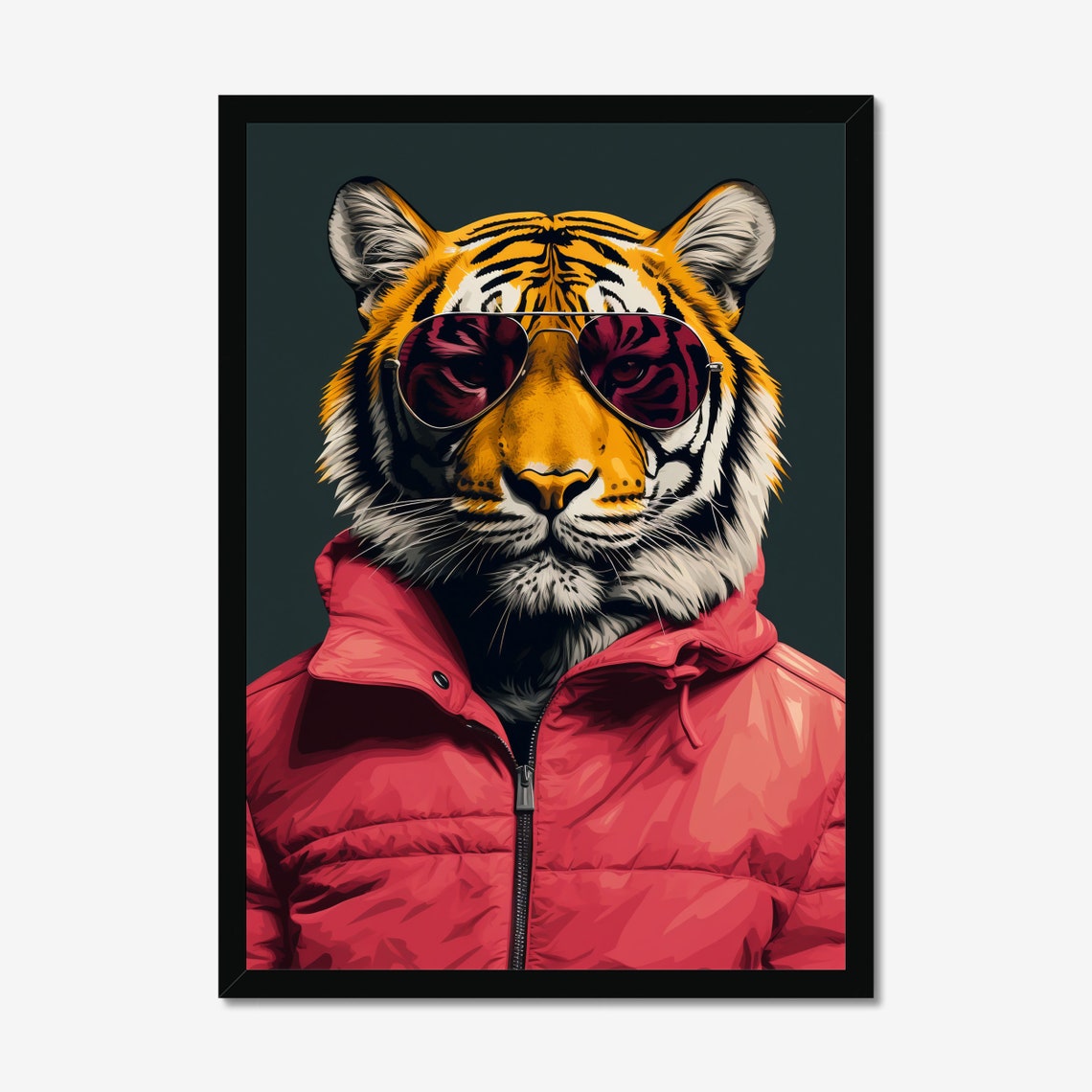 Cool Tiger in Sunglasses and Red Puffer Jacket Pop Art Portrait Poster
