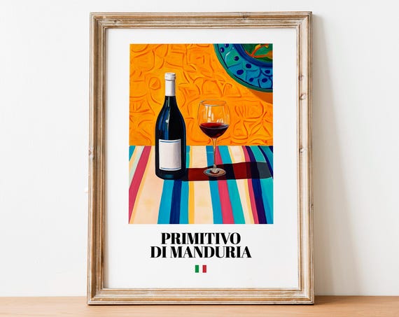 Primitivo di Manduria Italian Red Wine Bottle Glass Striped Cloth Poster