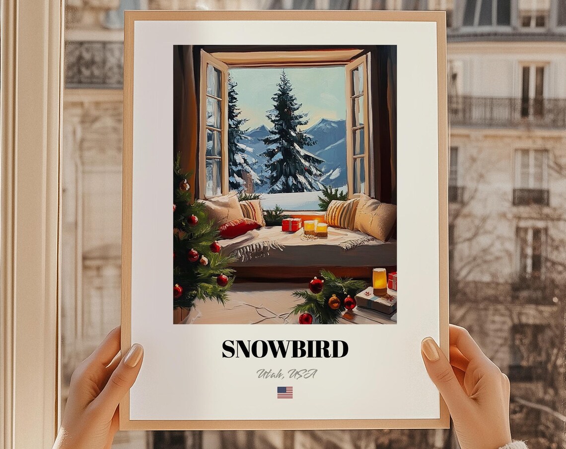 Snowbird Utah USA Christmas Window Seat Cozy Winter Cabin Poster