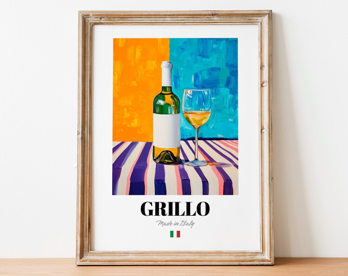 Grillo Italian White Wine Still Life Painting Bottle Glass Colorful Poster
