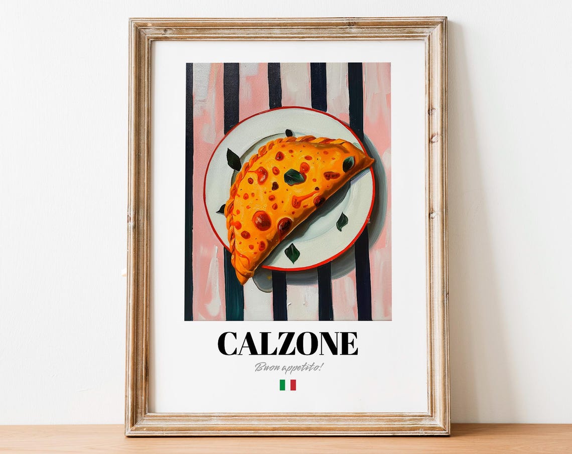 Italian Calzone Baked Pizza Poster Pink Striped Kitchen Wall Decor