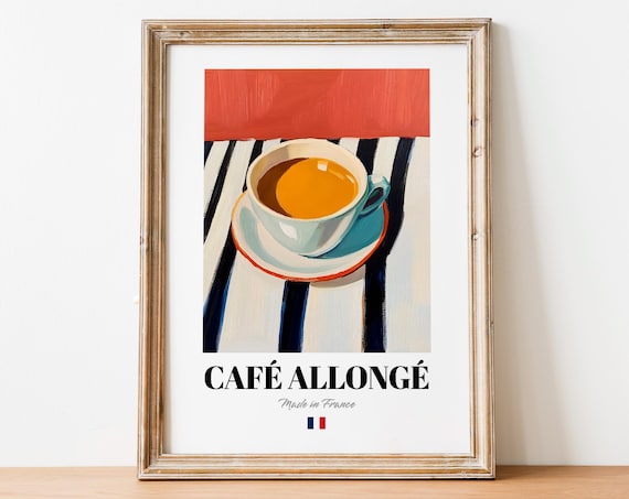 Cafe Allonge Espresso Cup on Blue Stripes French Coffee Poster