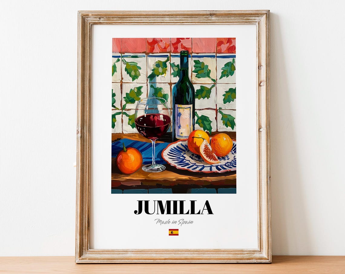 Jumilla Spain Red Wine Orange Fig Rustic Tile Still Life Poster