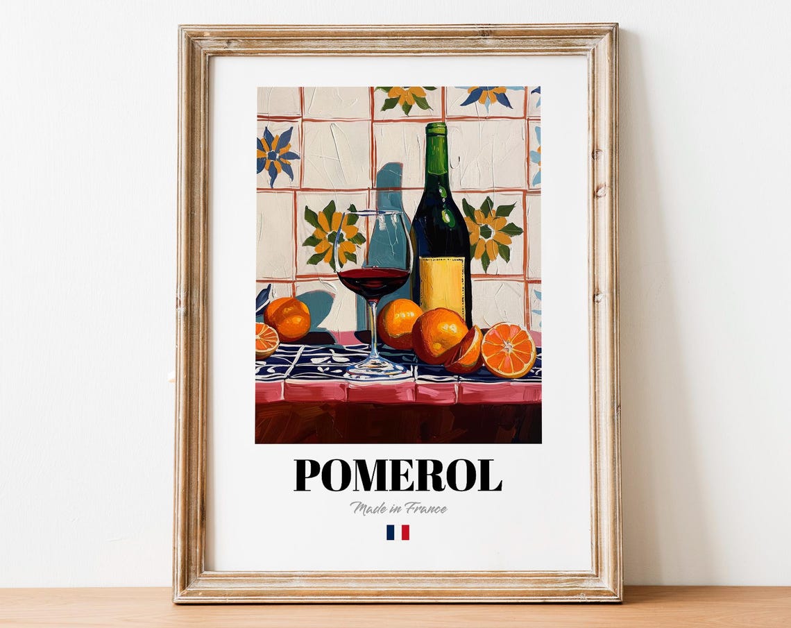 Pomerol French Red Wine Glass Oranges Sunflower Tile Art Poster