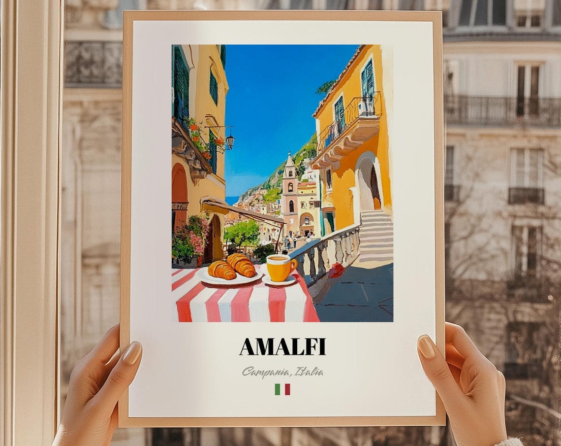 Amalfi Italy Oil Painting Coastal Town Cafe Scene Travel Poster