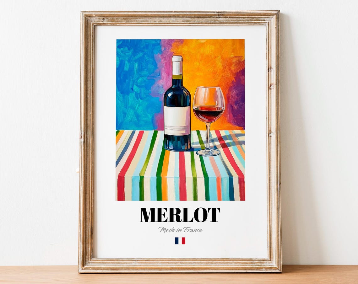 Merlot Wine Bottle and Glass on Colorful Striped Cloth Poster