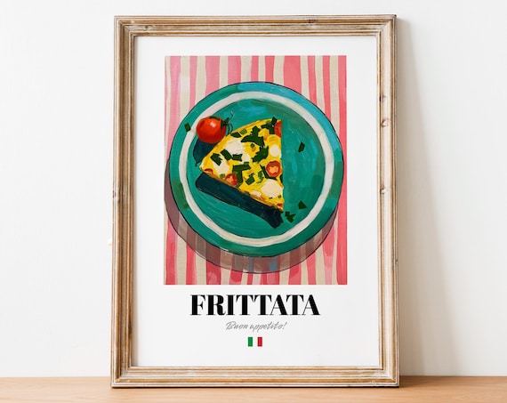 Italian Frittata Egg Omelette Poster Teal Plate Colorful Kitchen Decor