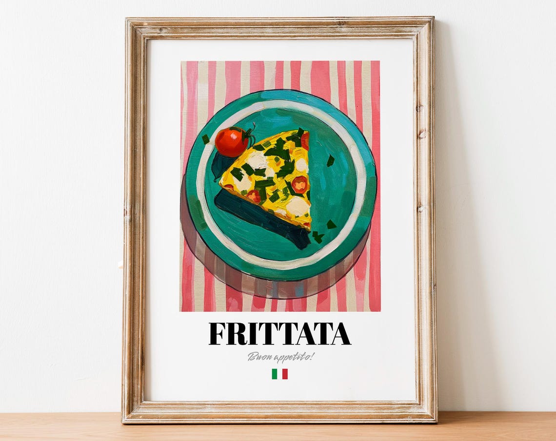 Italian Frittata Egg Omelette Poster Teal Plate Colorful Kitchen Decor