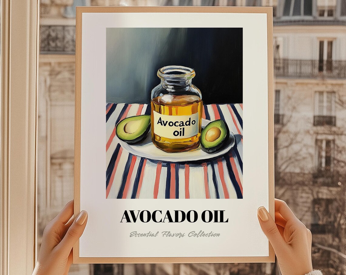 Avocado Oil Glass Bottle Halved Avocados Essential Flavors Pantry Poster