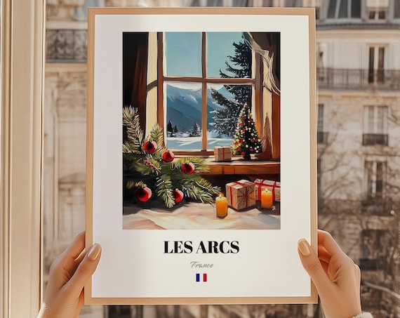Les Arcs France Christmas Window Garland Vintage Ski Poster Decor