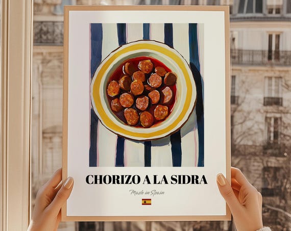 Chorizo A La Sidra Spanish Food Painting Kitchen Wall Art Chef Print Quirky