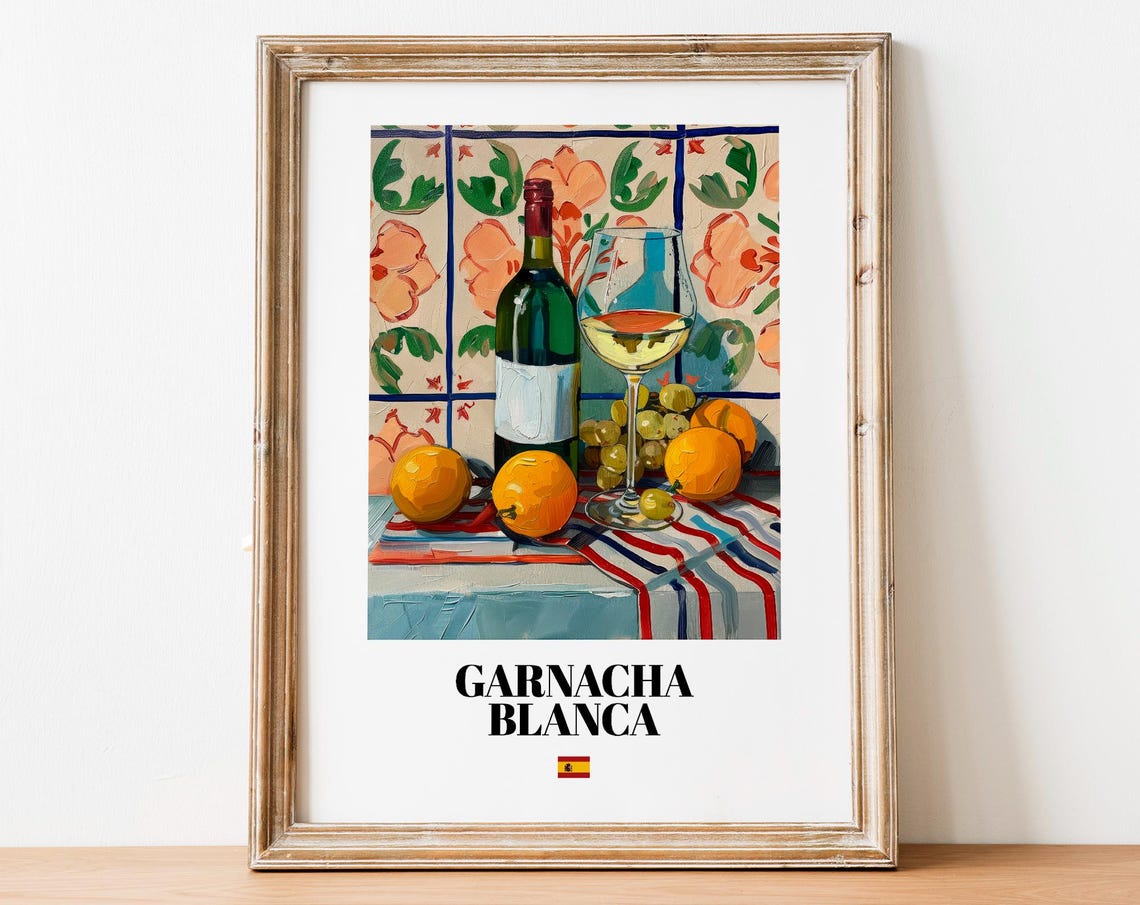 Garnacha Blanca Spanish Wine with Grapes Oranges and Tiles Poster