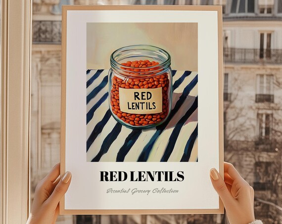 Red Lentils Glass Jar Still Life Striped Cloth Kitchen Poster