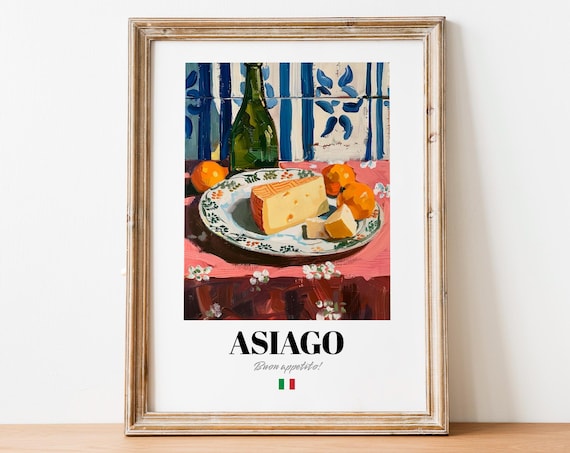 Asiago Cheese Plate with Wine Bottle Buon Appetito Italian Art Poster
