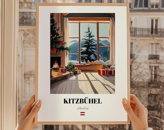 Kitzbuhel Austria Christmas Fireplace Mountain View Ski Poster