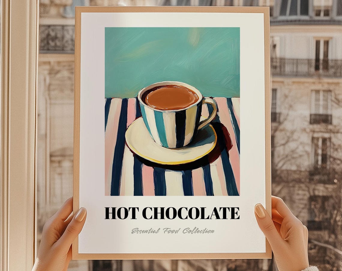 Hot Chocolate Striped Cup Teal Background Cozy Drink Art Poster