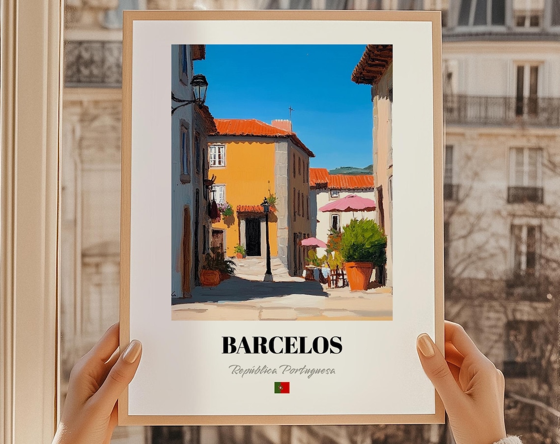 Barcelos Portugal Sunlit Cafe Square Oil Painting Travel Poster