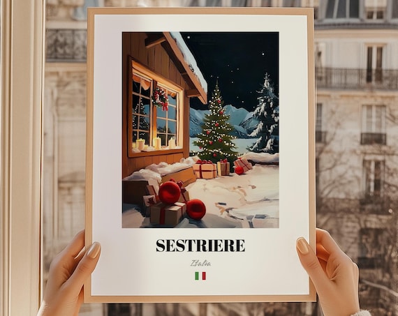 Sestriere Italia Cabin Porch Christmas Night Snowy Art Poster