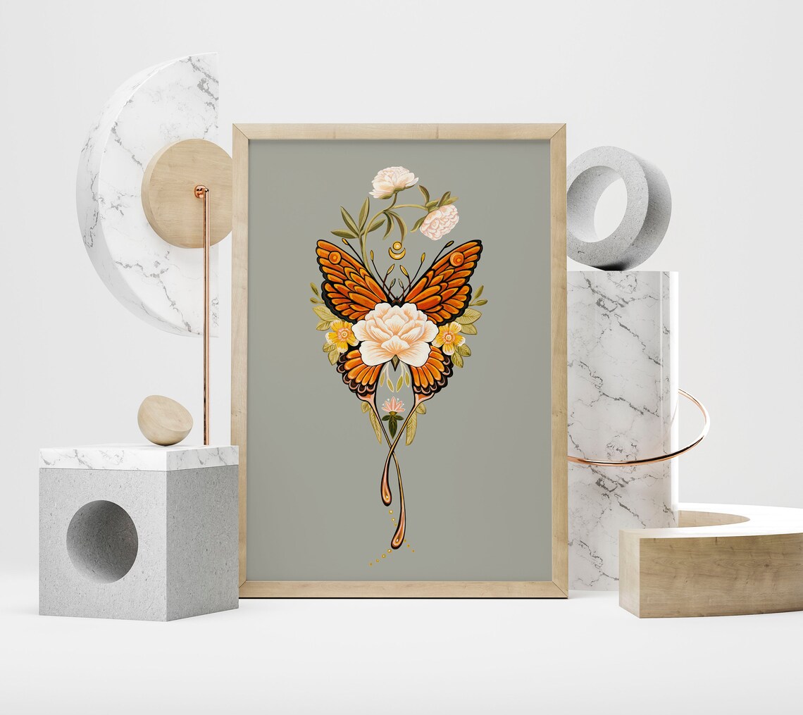 Orange Butterfly Fused With Blush Peony Mirrored Floral Art Poster - Image 2