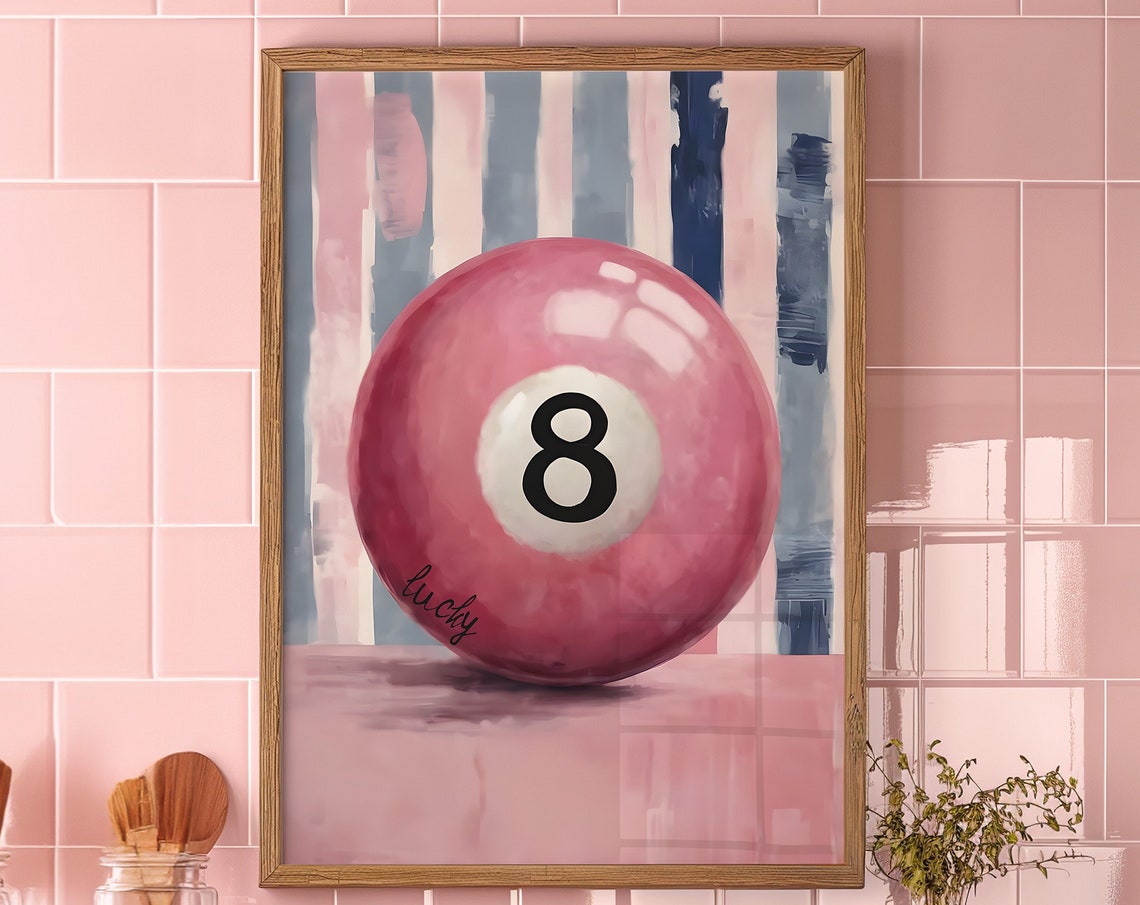 Pink Lucky 8 Ball Retro Pool Hall Print With Striped Backdrop