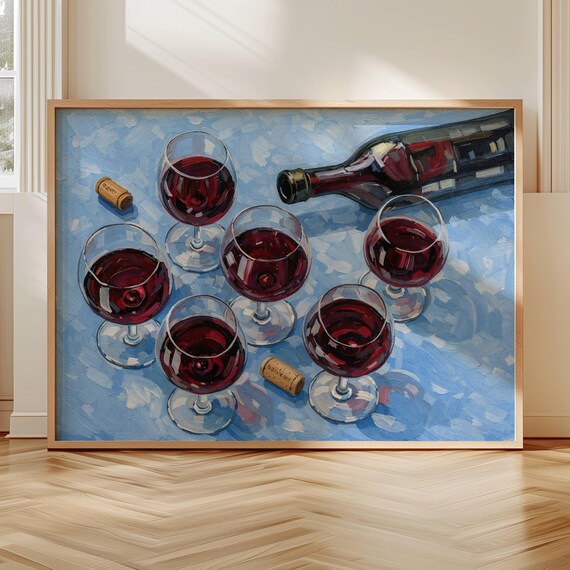 Abstract Wine Glass Still Life Table Blue Oil Painting Print Horizontal Hand Drawn Impasto Kitchen Wall Art Mid Century Dining Room Poster