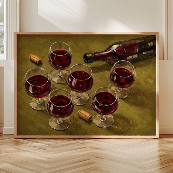 Abstract Wine Glass Still Life Table Khaki Oil Painting Print Horizontal Hand Drawn Impasto Kitchen Wall Art Midcentury Dining Room Poster