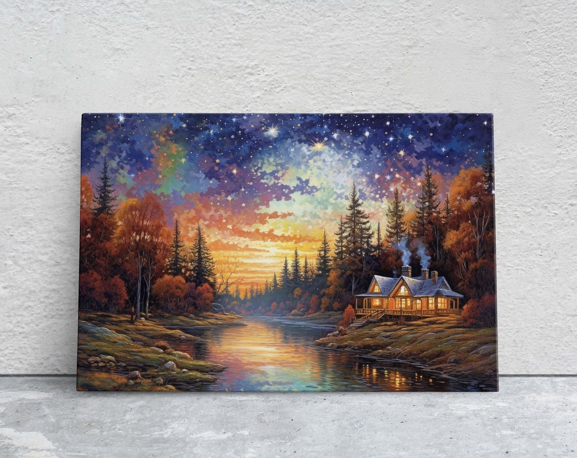 Starry Night Lake Cabin Forest Sunset Reflection Cozy Art Poster