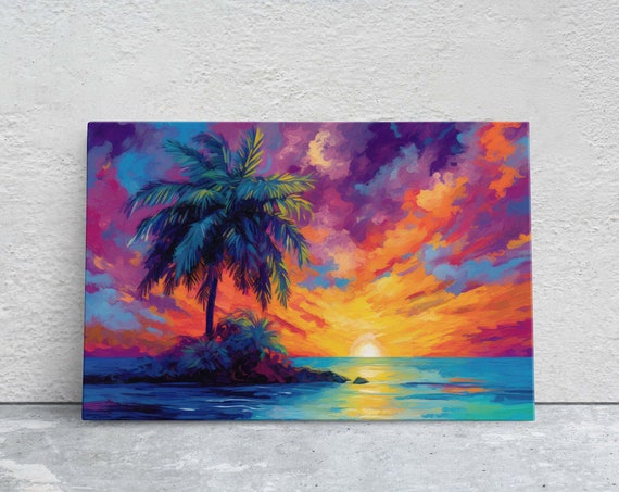 Vivid Palm Sunset On Palm Tree Dusk Evening Ocean View Oceanside Colorful Beach Framed Watercolor Painting