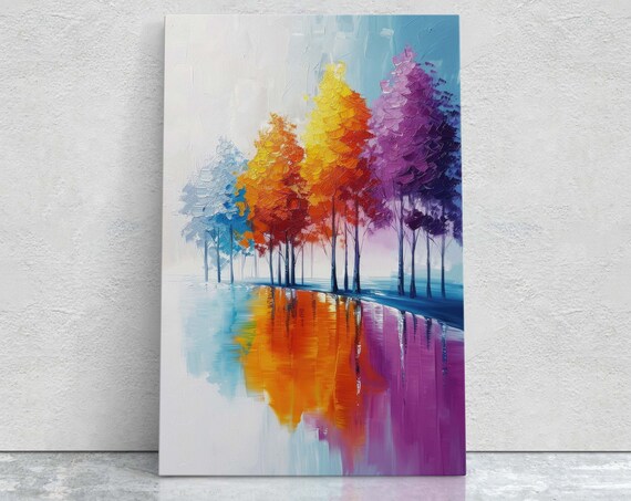 Trees By Lake Colorful Foliage Rainbow Trees Pastel Colors Blue White Orange Purple Framed Large Art Print