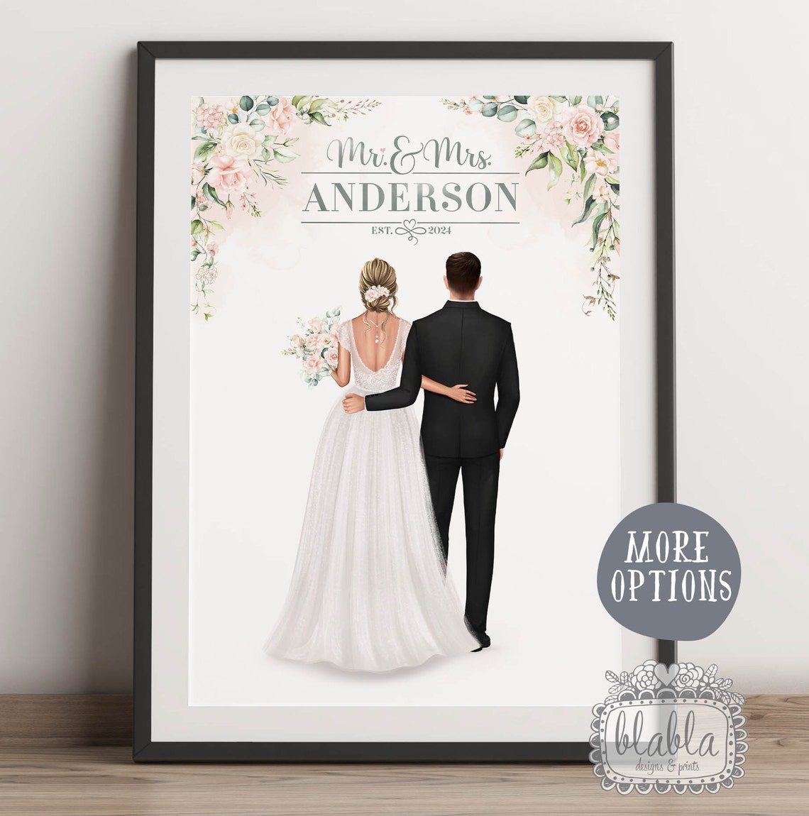 Personalised Mr and Mrs Wedding Poster With Bride Groom Floral Frame