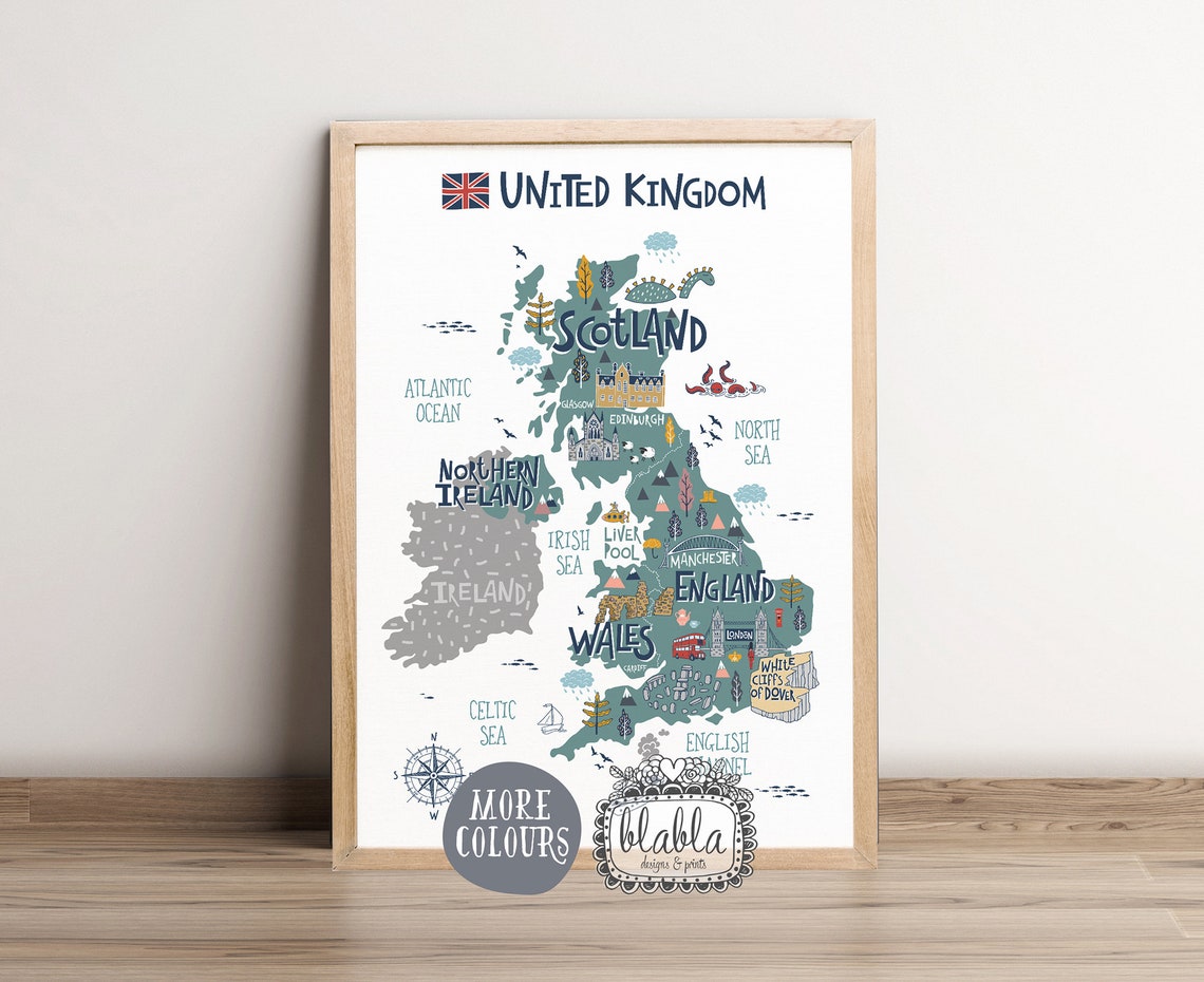 United Kingdom Illustrated Landmarks Map Kids Blue Educational Print - Image 2