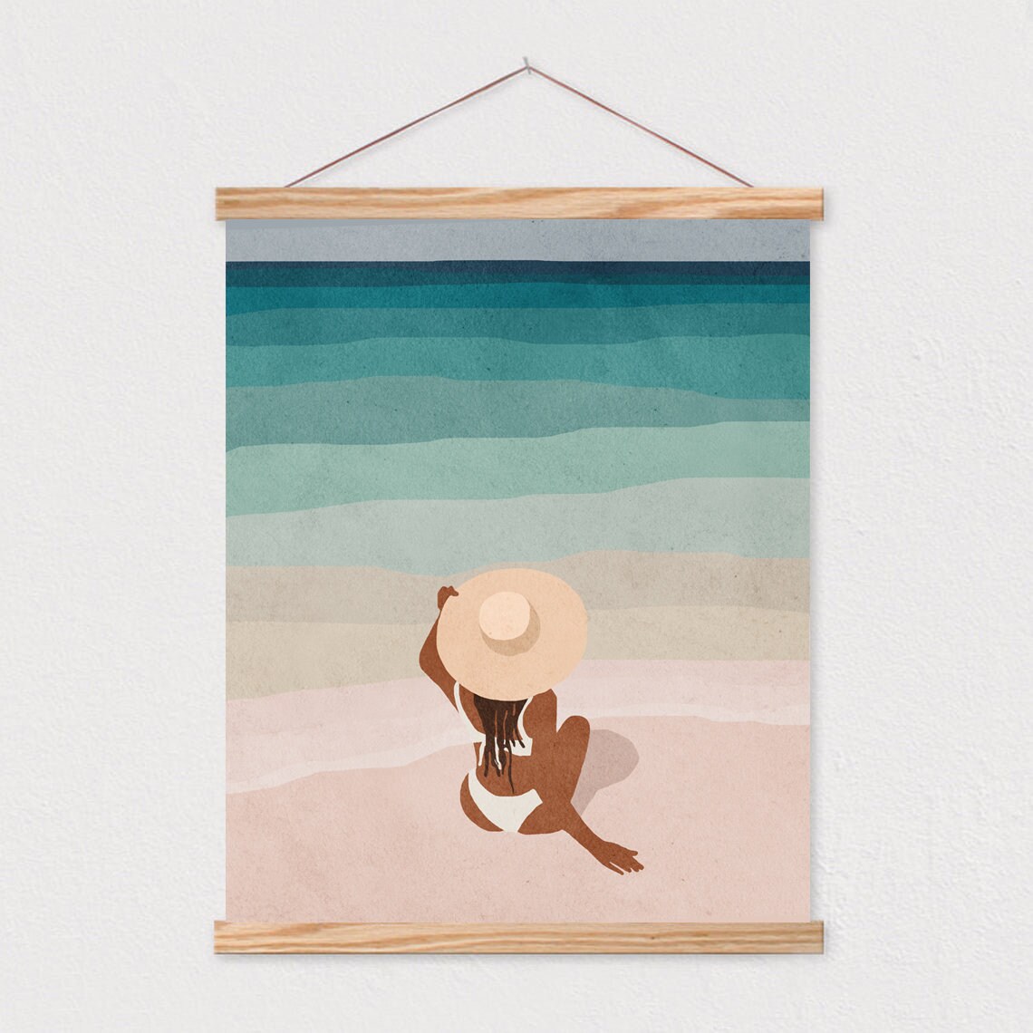 Boho Woman in Hat Beach Portrait, Mid-Century Art Print - Image 2