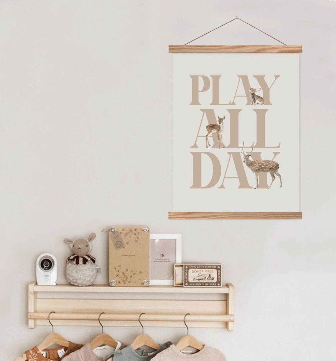 Play All Day Deer Kids Quote Neutral Nursery Playroom Art Poster