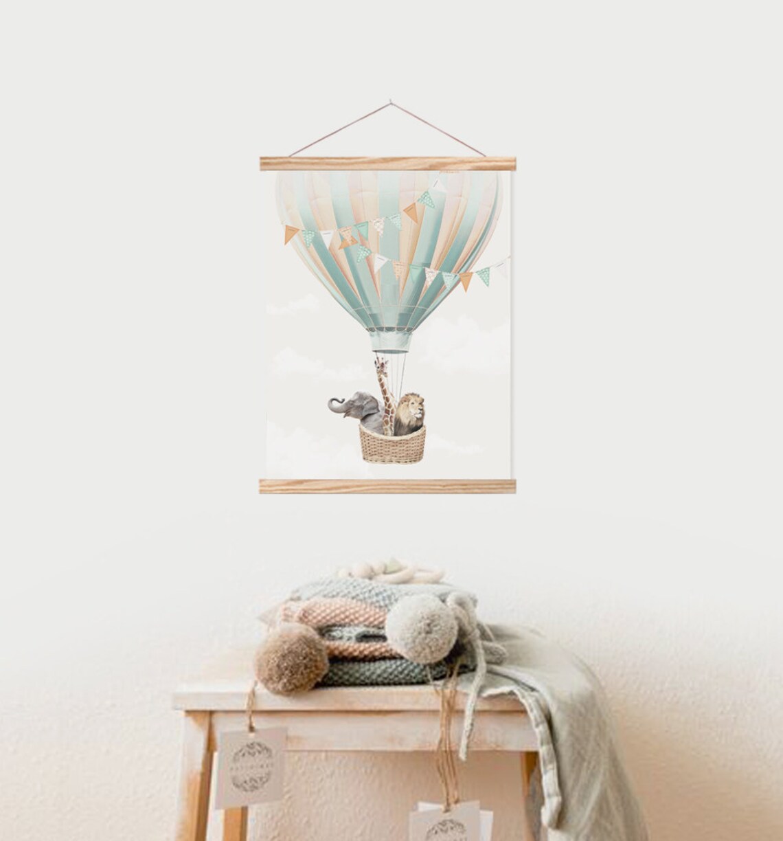 Hot Air Balloon with Safari Animals Cute Kids Nursery Wall Poster