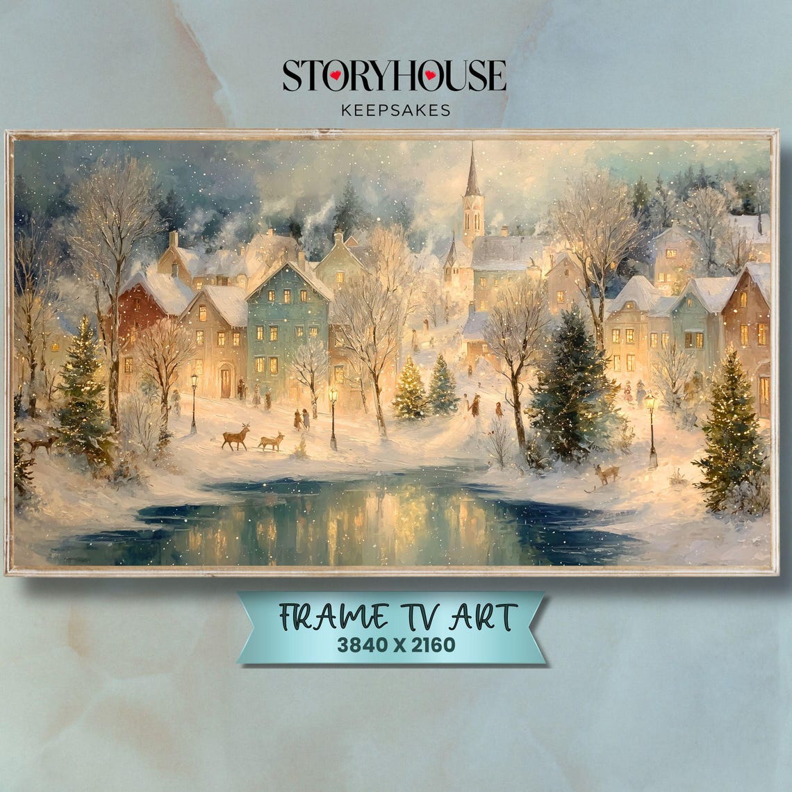 Christmas Frame Tv Art Samsung For Winter Cozy Landscape Impressionist Village By The Lake