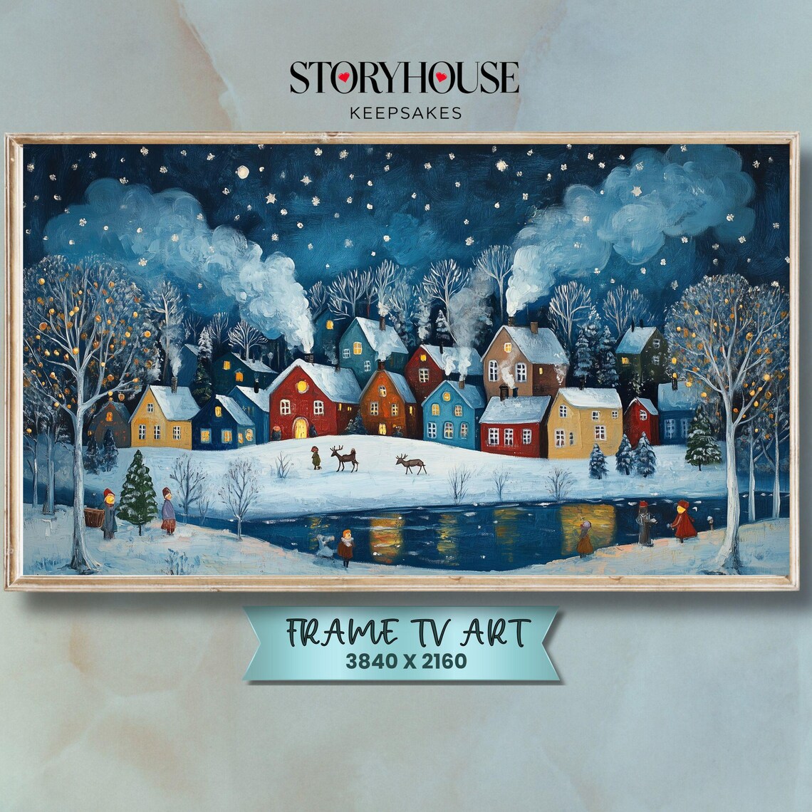 Folk Village Night Snowy Cabins River Winter Wonderland Christmas Wall Art
