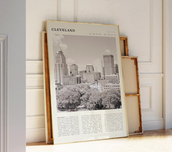 Cleveland Ohio Skyline Vintage Black White Great Lakes Travel Poster