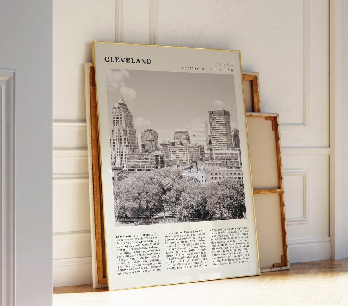 Cleveland Ohio Skyline Vintage Black White Great Lakes Travel Poster
