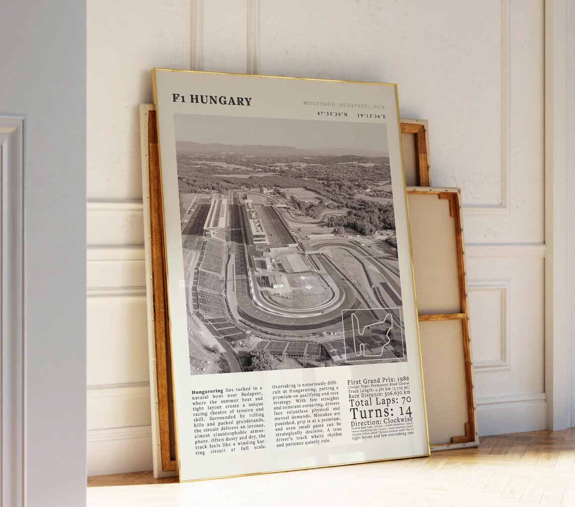 F1 Hungary Hungaroring Grand Prix Budapest Black White Racing Track Poster