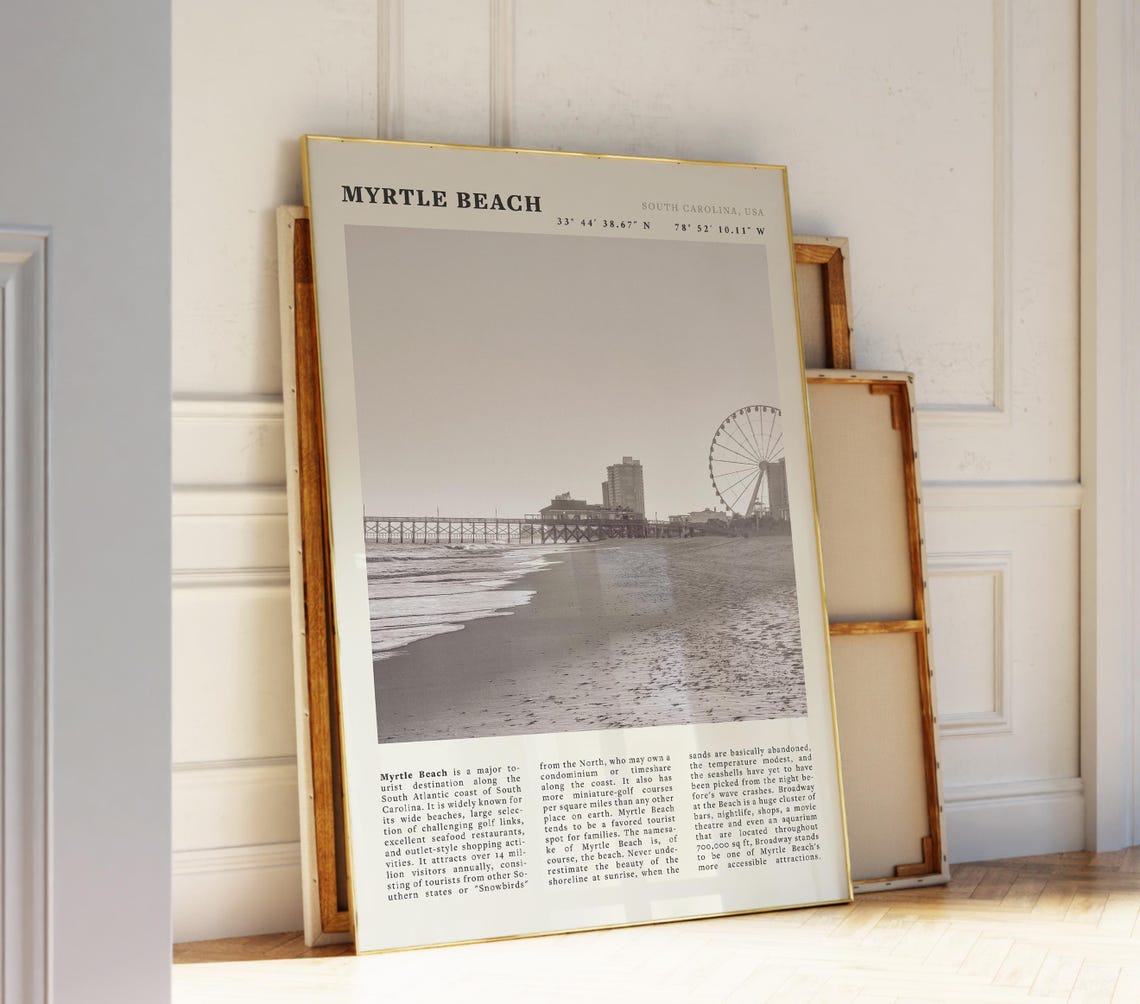 Myrtle Beach South Carolina Poster Vintage Coastal Wall Art Black And White Travel Print