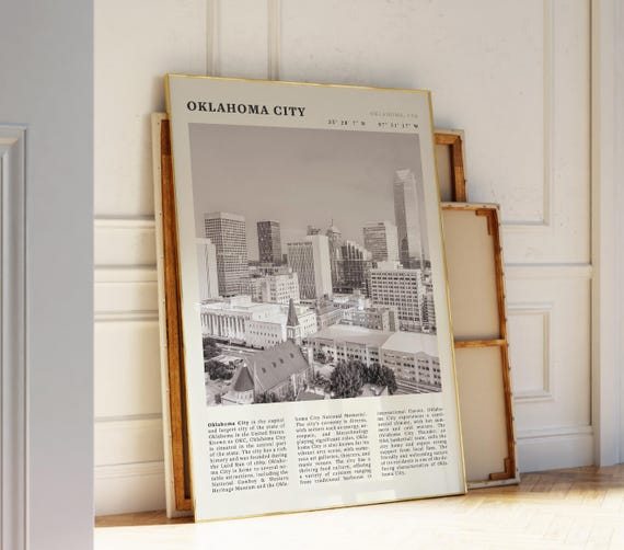 Oklahoma City Black White Poster Okc Skyline Travel Wall Art Print Idea For Usa Lovers