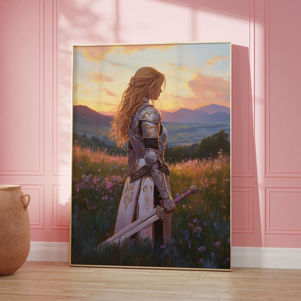 Female Knight Sunset Meadow Sword Fantasy Painting Pink Room Wall Poster
