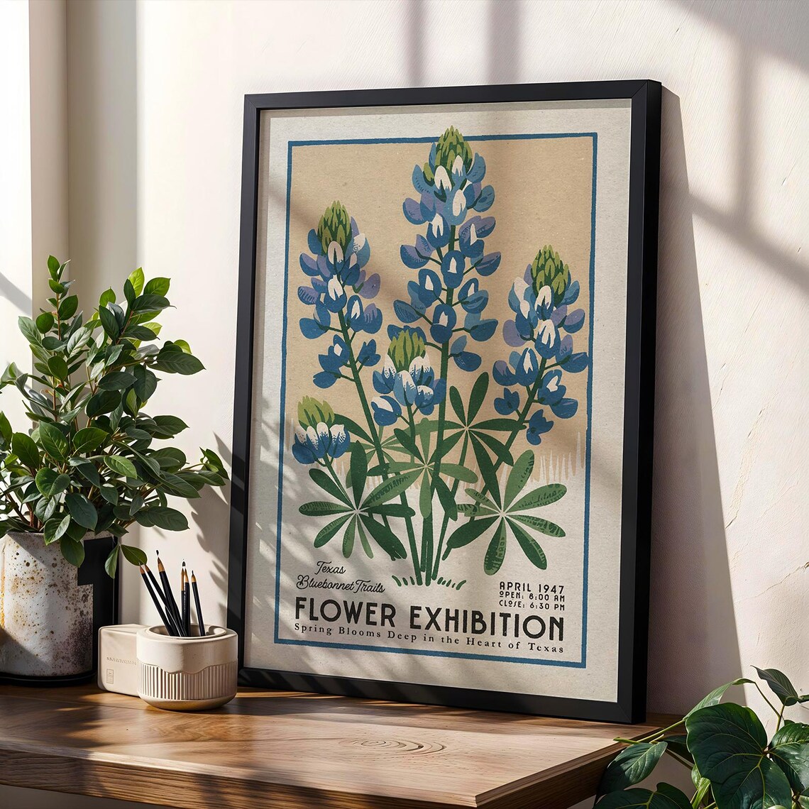 Flower Market Bluebonnet Print, Retro Texas Botanical
