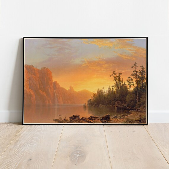 Golden Sunset Lake Cliffs Pine Forest Classic Luminist Landscape Poster