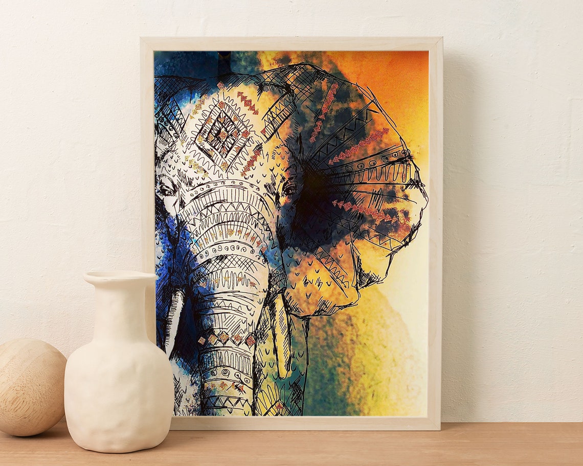 Decorative Patterned Elephant Head Tribal Watercolor Art Print