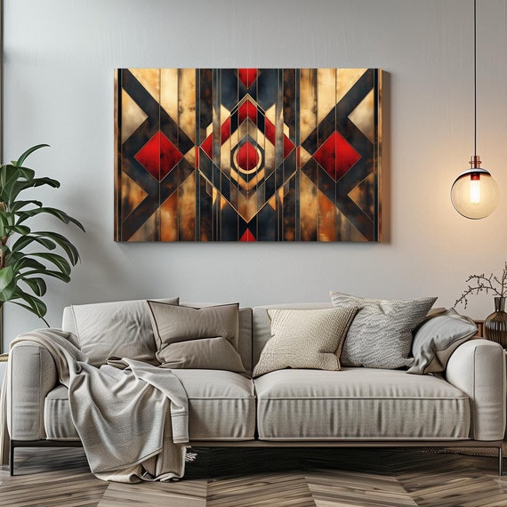 Red And Gold Art Deco 1920s Sleek Print Bold Statement Vibrant Metallic Look Geometric Colorful Shapes Zig Zags Rustic Art