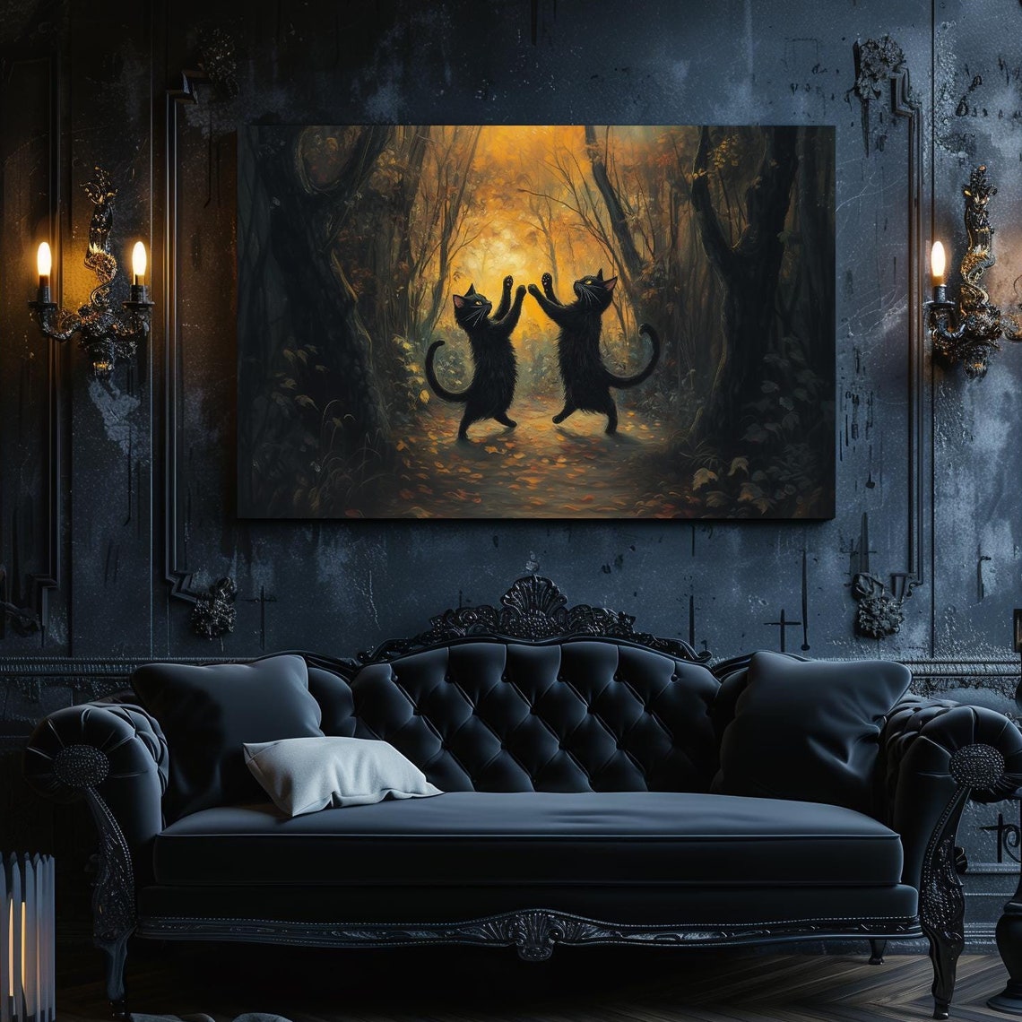 Black Cats Dancing in Enchanted Golden Autumn Forest Night Poster